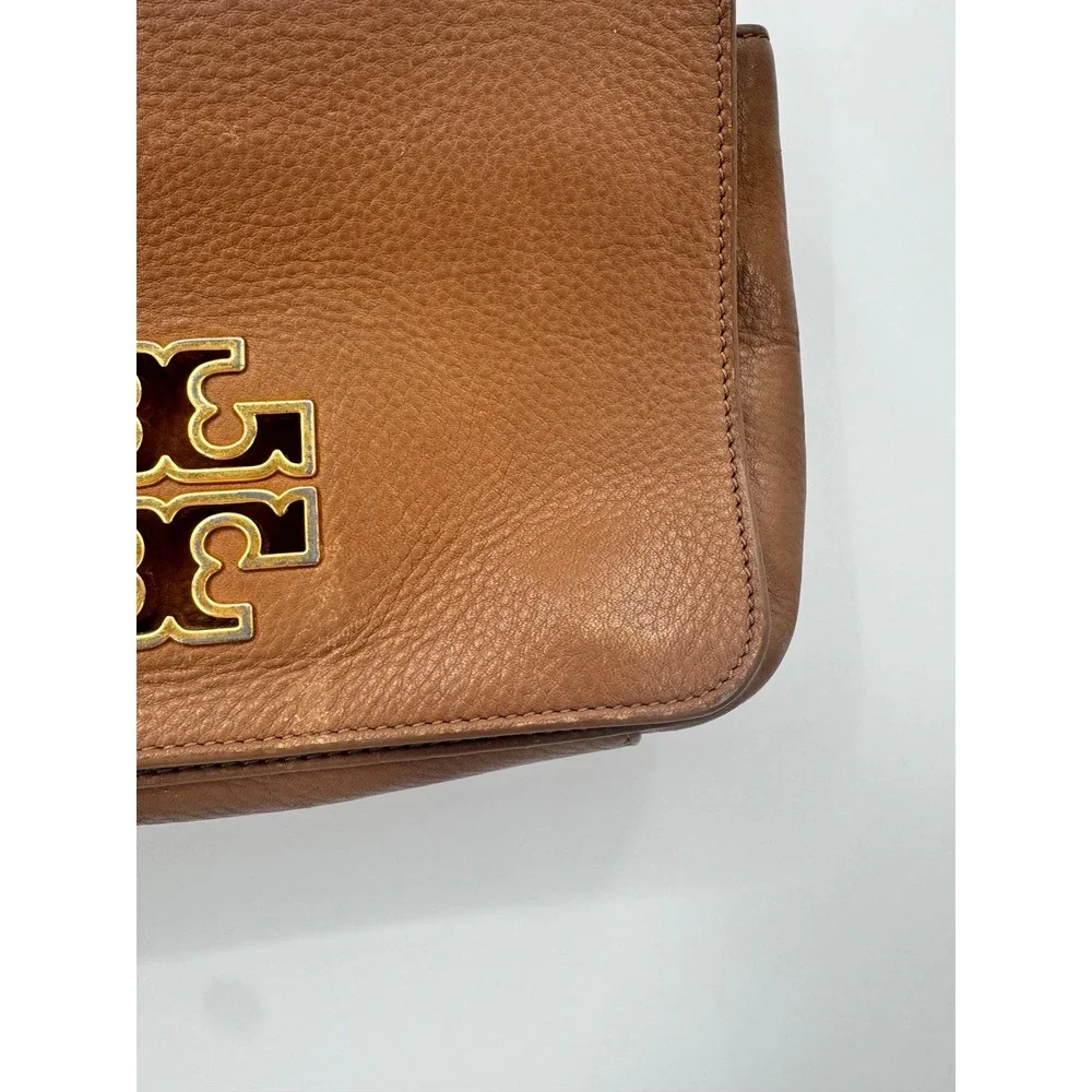 Tory Burch Shoulder Bag Womens Small Brown Leather Chain Strap Flap Logo